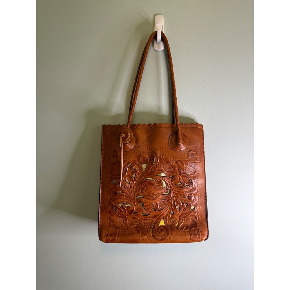Patricia Nash Tan Tooled Leather Floral Tote Bag Scalloped Pink Interior